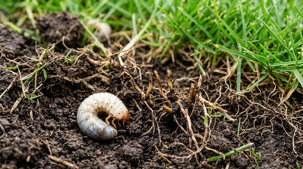 How To Control Lawn Grubs-white-lawn-grub-beside-damaged-grass-roots-in-fall
