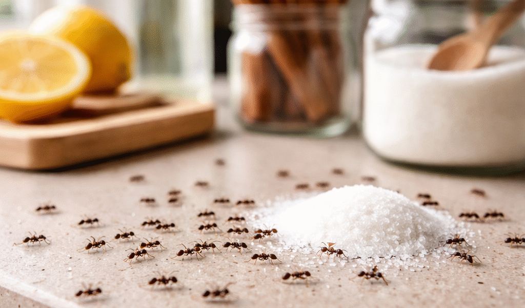 How To Get Rid Of Ants In The Kitchen Naturally-ants swarming-spilled-sugar-on-countertop