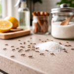 How To Get Rid Of Ants In The Kitchen Naturally-ants swarming-spilled-sugar-on-countertop