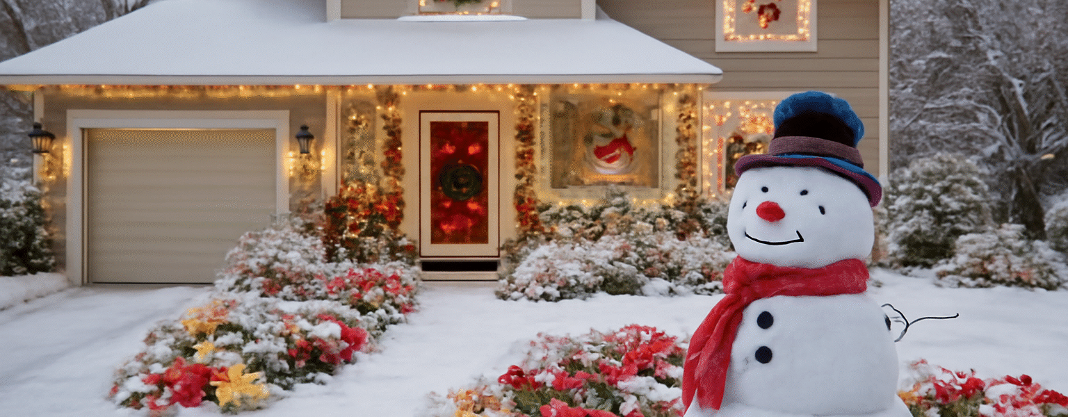 Best Holiday Outdoor Decorations-a-house-decorated-for-Christmas-with-a-snow-man