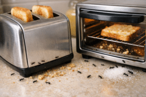 Tiny Black Bugs in the Kitchen-ants-attracted-to-crumbs-from-toaster-and-toaster-oven