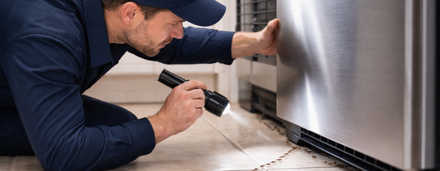 Why Are Ants Attracted To Refrigerators/Freezers-technician-inspecting-ants-behind-refrigerator