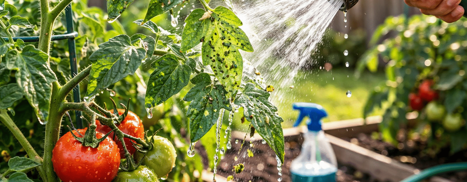 How To Control Aphids On Tomato Plants-spraying-aphids-off-tomato-plant-leaves