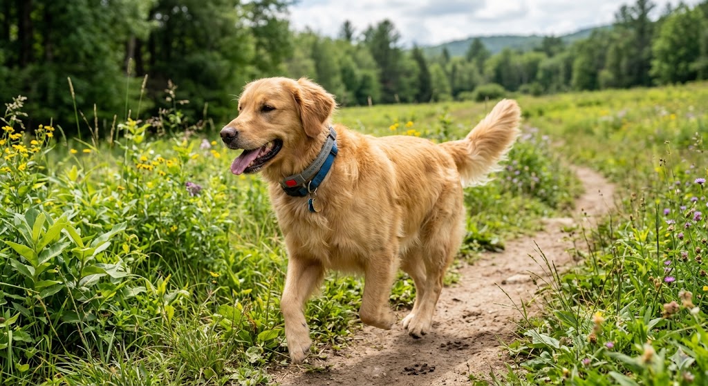 Best Flea Collars For Large Dogs-active-golden-retriever-running-outdoors-wearing-collar