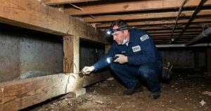 Termite treatment for first-time homeowners-inspector-examines-termite-tubes-in-crawlspace