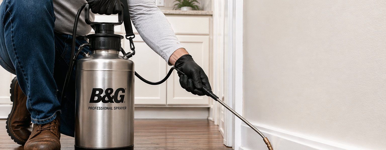 How To Use A B&G Sprayer For Pest Control-technician-using-metal-b&g-sprayer-indoors