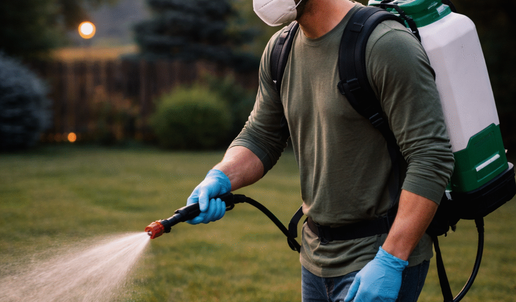 Best Battery Backpack Sprayers For Mosquito Control At Home-homeowner-spraying-yard-wearing-a-face-mask