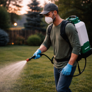 Best Battery Backpack Sprayers For Mosquito Control At Home-homeowner-spraying-yard-wearing-a-face-mask
