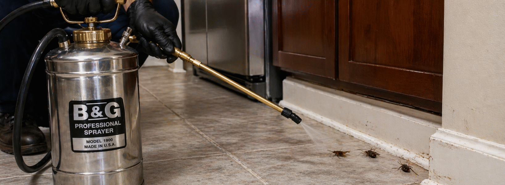 What Is A B&G Sprayer And How Does It Work?-a-pest-control-technician-with-a-b&g-tank-sprayer-treating-for-cockroaches