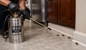 What Is A B&G Sprayer And How Does It Work?-a-pest-control-technician-with-a-b&g-tank-sprayer-treating-for-cockroaches