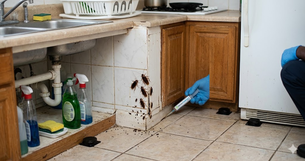 How To Control German Cockroach-exterminator-applying-gel-bait-to-infestation
