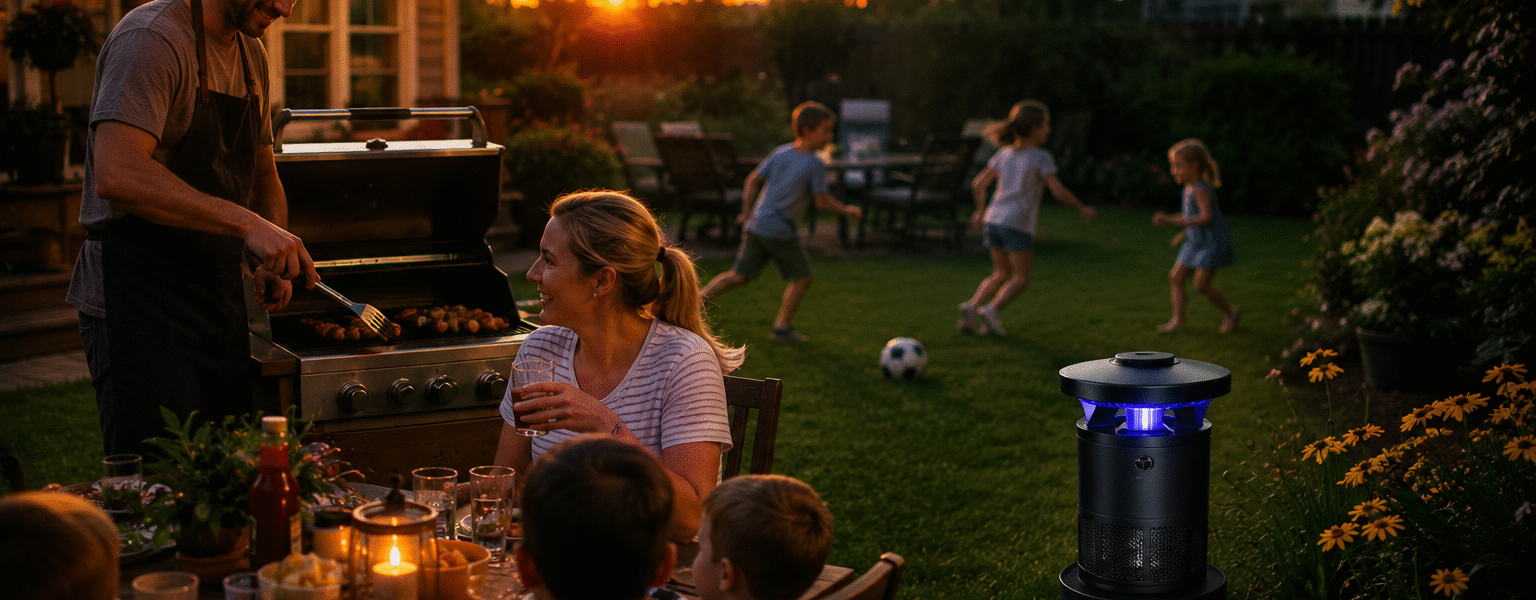 Best Mosquito Control Bundle For Large Backyards-family-enjoying-mosquito-free-backyard-bbq-at-sunset
