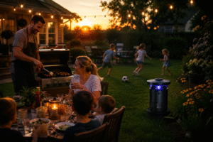Best Mosquito Control Bundle For Large Backyards-family-enjoying-mosquito-free-backyard-bbq-at-sunset