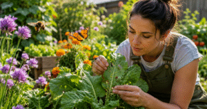How To Protect Pollinators While Controlling Garden Pests-inspecting-garden-plants-for-insect-pests-and-their-damage