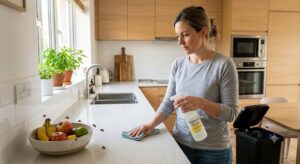 How To Get Rid Of Flies In Kitchen-woman-wiping-kitchen-counter-near-flies How To Get Rid Of Flies In Kitchen-woman-wiping-kitchen-counter-near-flies