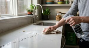 How To Get Rid Of Ants In The Kitchen Naturally-homeowner-wiping-kitchen-counter-near-ants How To Get Rid Of Ants In The Kitchen Naturally-homeowner-wiping-kitchen-counter-near-ants
