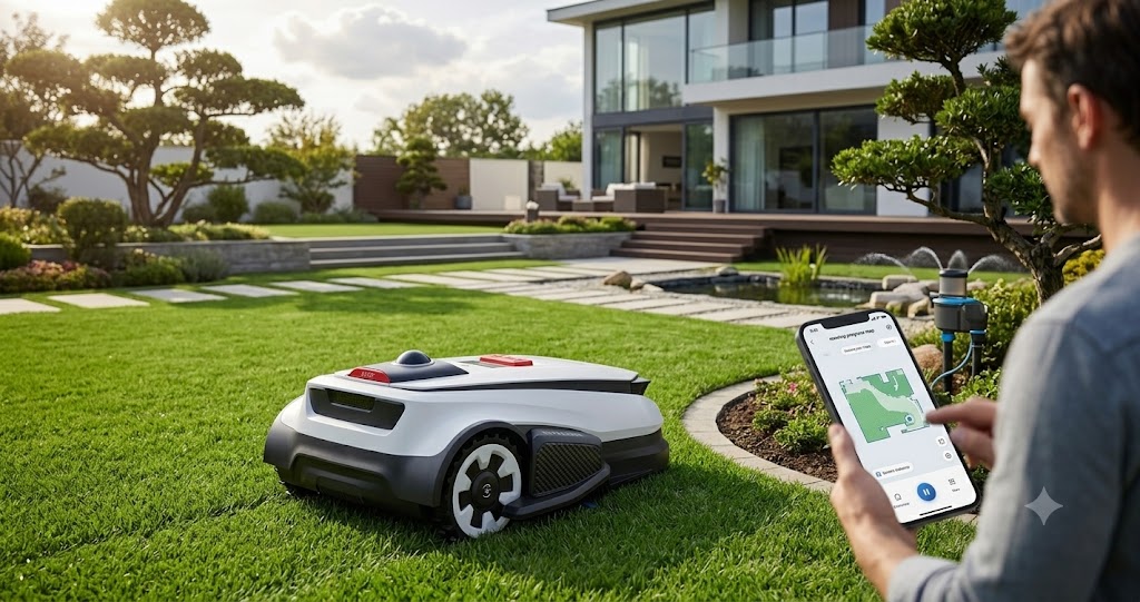 Best Robotic Lawn Mower Without Boundary Wire-a-man-controls-a-robotic-mower-using-a-smart-phone