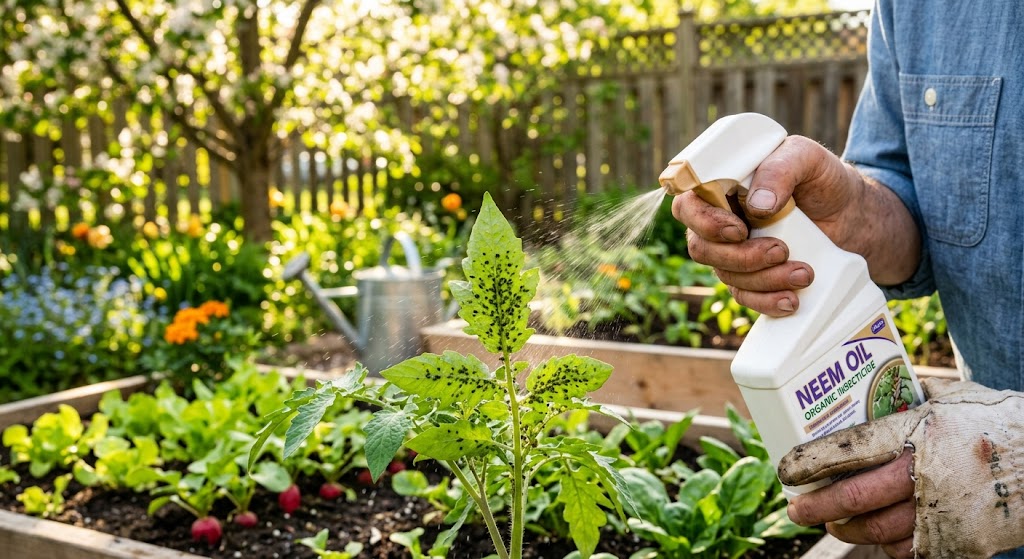 How To Get Rid Of Aphids In Spring Naturally-gardener-sprays-neem-oil-on-aphid-infested-plant