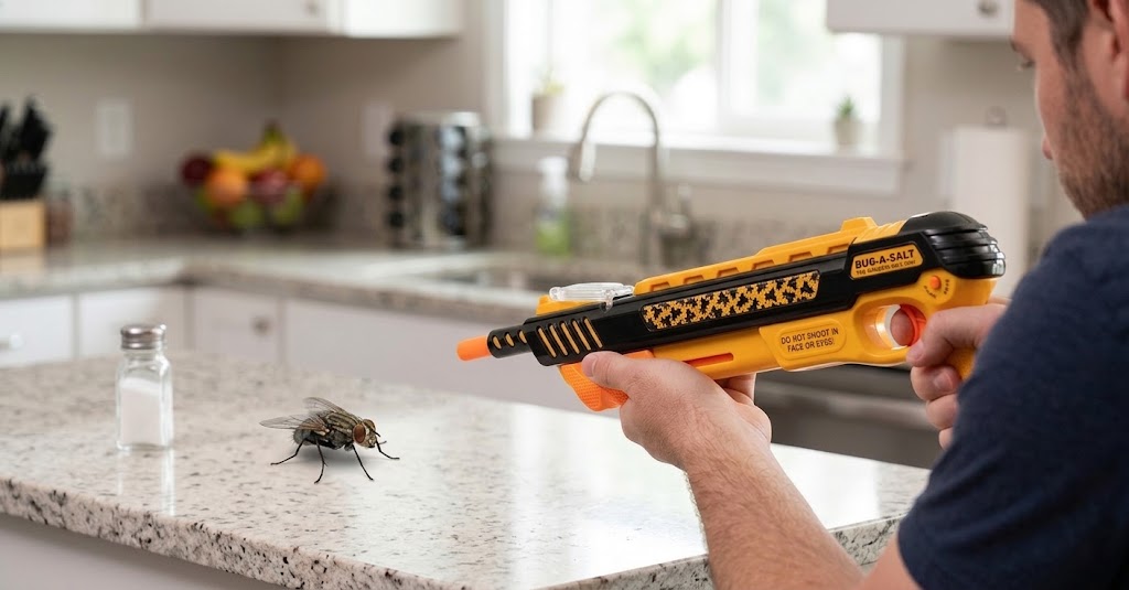 Bug-A-Salt gun aiming at kitchen fly-eliminating-fly-with-a-bug-a-salt