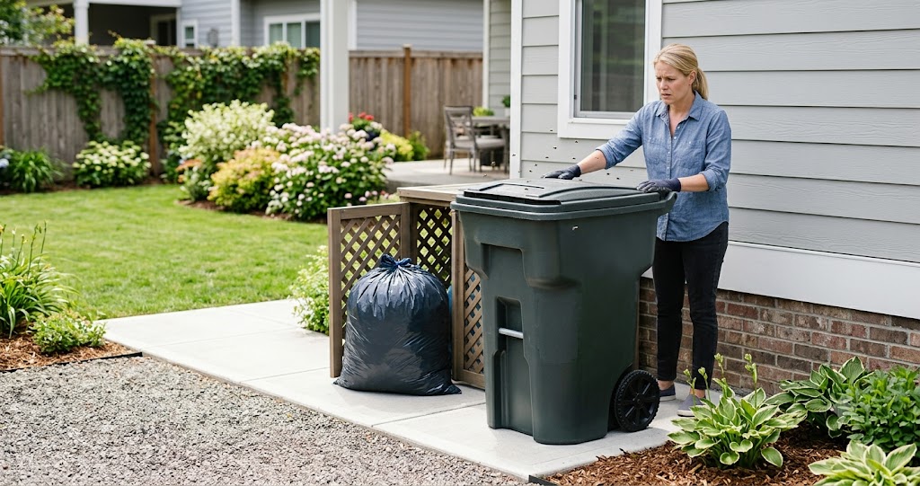 How To Keep Flies Away From Garbage Cans-homeowner-securing-trash-can-lid