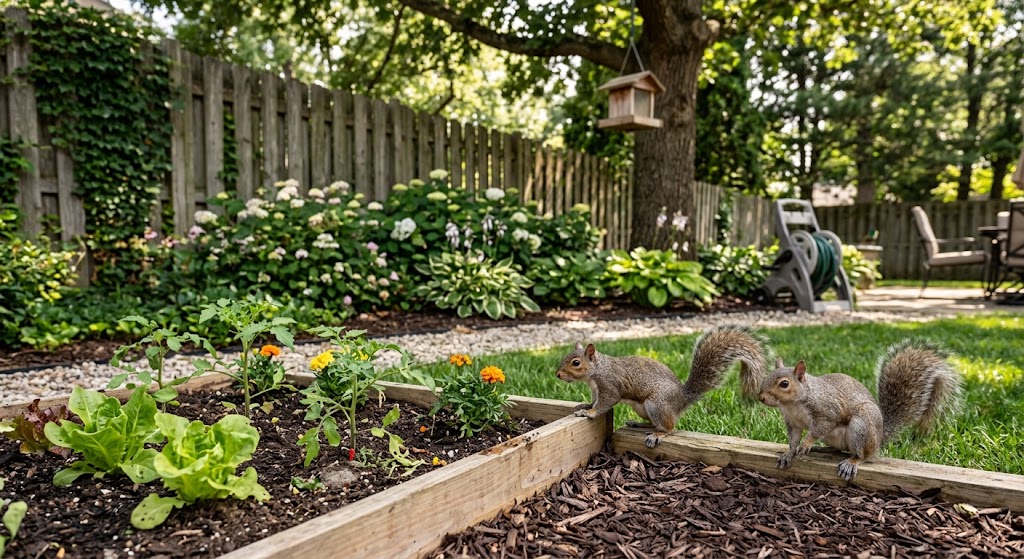 Best Squirrel Repellent For Yard-two-gray-squirrels-approaching-garden-bed