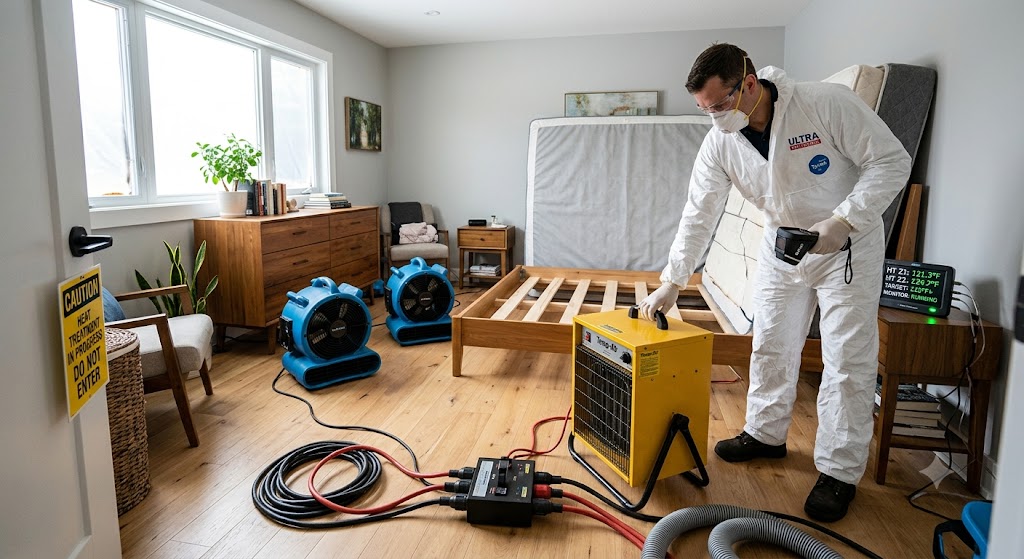 Bed Bug Heat Treatment-pest-control-technician-setting-up-heat-treatment-equipment-in-bedroom