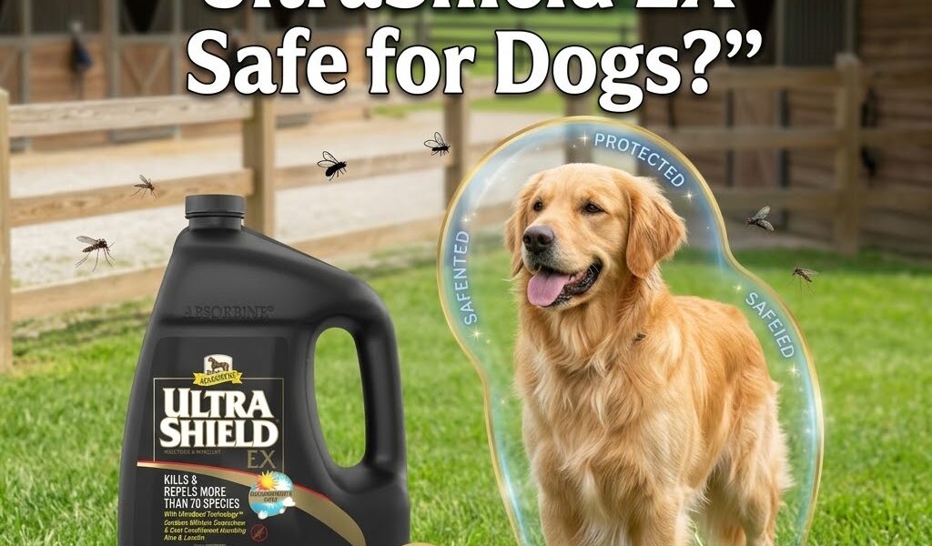 Is Absorbine UltraShield EX Safe for Dogs?-fly-repellent-bottle-next-to-safe-protected-dog