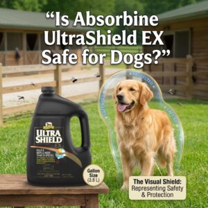Is Absorbine UltraShield EX Safe for Dogs?-fly-repellent-bottle-next-to-safe-protected-dog