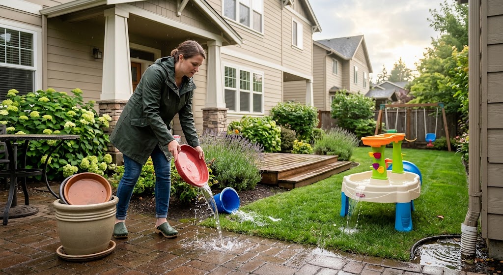 How to Prevent Standing Water Around Your Home-a-woman-tipping-standing-water-from-plant-saucer