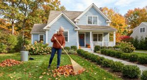 How To Clean Up Yard For Winter To Prevent Pests-autumn-yard-care-person-raking-leaves