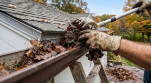 How To Clean Up Yard For Winter To Prevent Pests-removing-fallen-leaves-from-gutters-in-autumn