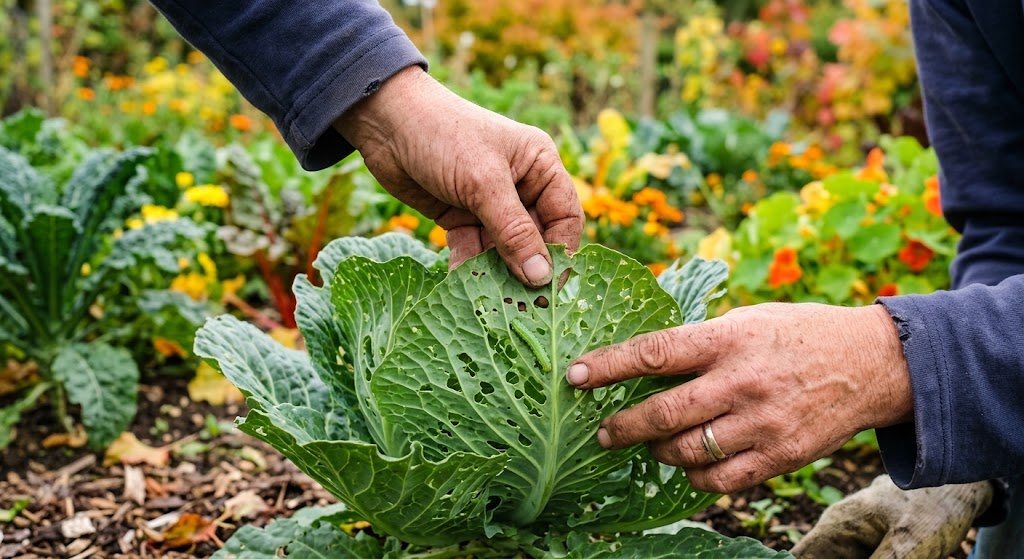 Regional Fall Garden Pest Prevention Guide-gardener's-hand-lifting-damaged-cabbage-leaf