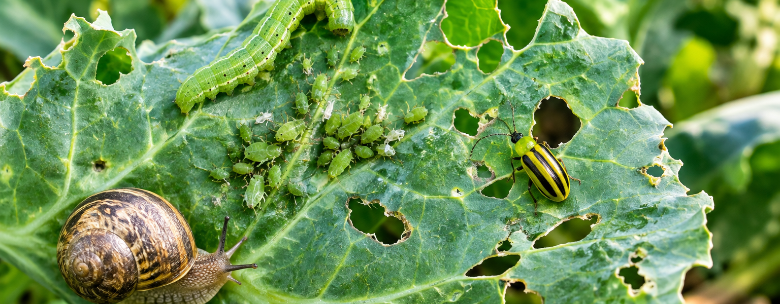 Fall Garden Pests In South Florida-a-caterpillar-aphids-a-striped-cucumber-beetle-and-a-snail-damaging-a-cabbage-leaf
