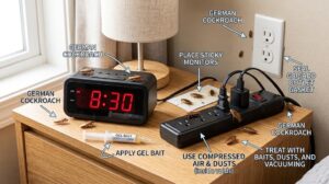 How to Get Rid of German Cockroaches in Electronics Outlets, Power Strips & Clocks-german-cockroaches-near-a-clock-outlet and power strip