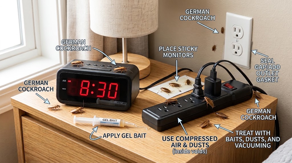 How to Get Rid of German Cockroaches in Electronics Outlets, Power Strips & Clocks-german-cockroaches-near-a-clock-outlet and power strip