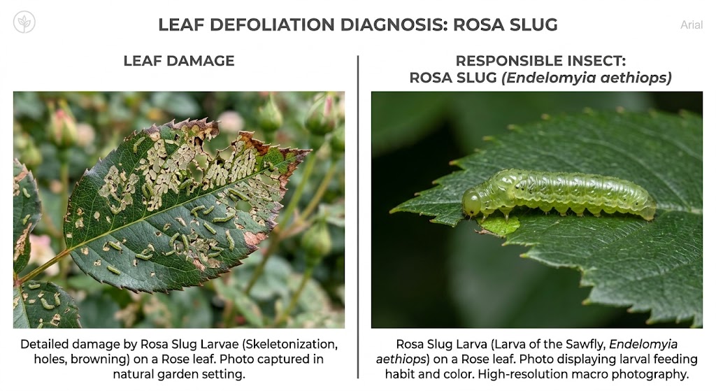 How To Identify Common Garden Pests-split-screen-graphic-showing-rose-leaf-skeletonization-and-a-green-rosa-slug-larva